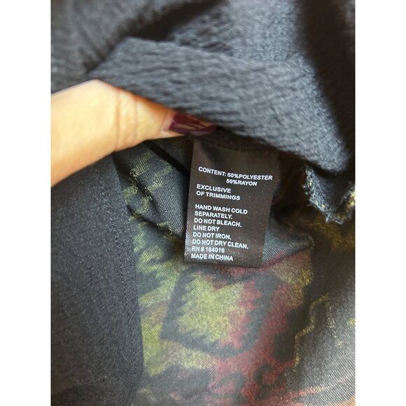 Calessa Black Textured Rainbow Embroidered Boho Bell Sleeve Top Size M Peasant - Picture 6 of 8